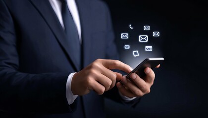 Businessman using smartphone to manage multiple notifications