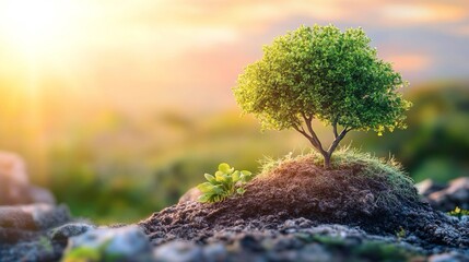 Un piccolo albero cresce sulla sommità di una roccia, evidenziando la resilienza della natura.