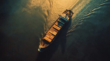 Immagine aerea di un cargo che naviga, circondato da acque blu