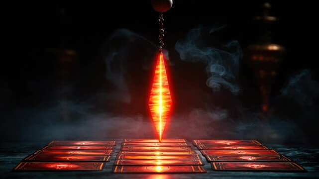 A glowing, pointed crystal pendulum hangs over tarot cards in a smoky, dark setting
