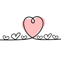 Continuous line drawing of a heart, black and white vector minimalist love concept illustration.