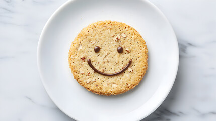 A cheerful cookie with a smiling face design, resting on a white plate against a light marble background.
