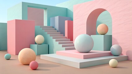 Abstract pastel 3D scene with spheres, stairs, and geometric shapes. Modern minimal architecture in soft pink and blue tones. Futuristic art concept.