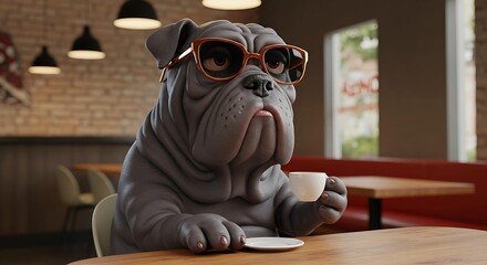 Cool Bulldog Enjoying Coffee in a Cafe 3D Rendered Illustration