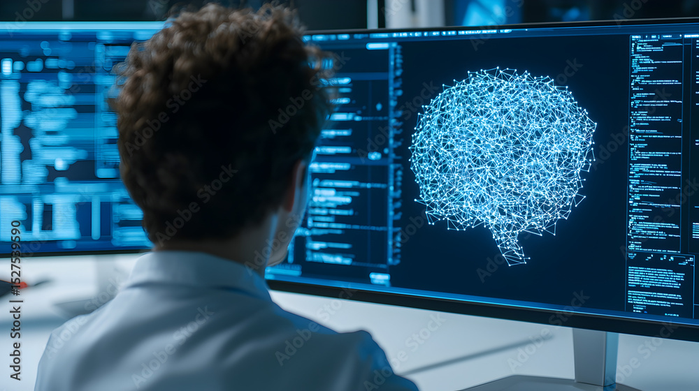 Poster a person analyzes complex data on screens, visualizing a neural network representation, symbolizing 