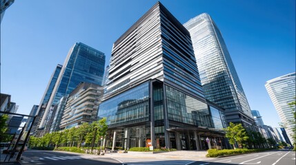Modern urban skyline featuring a sleek rectangular skyscraper with horizontal black and grey bands, extensive glass windows, and adjacent tall buildings with distinct architectural styles. Reflective 