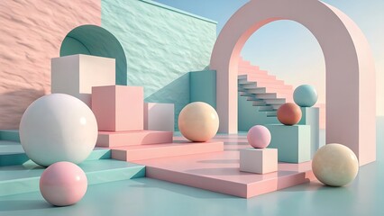 Surreal pastel 3D geometric shapes with stairs, arches, and spheres in abstract outdoor scene by the sea, minimal architecture concept
