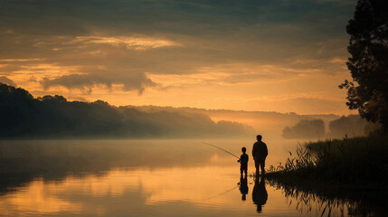 Father and son enjoy quiet sunrise fishing on peaceful lake together, capturing a cherished Father's Day moment