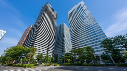 Cluster of modern skyscrapers under a clear blue sky featuring three prominent high-rise buildings with distinct architectural styles, brownish-red facade with horizontal lines, sleek gray exterior wi