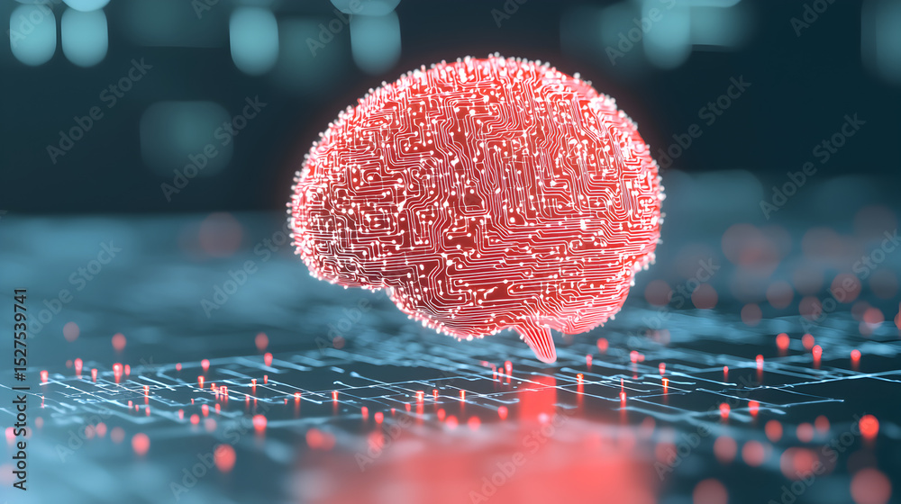 Poster a digital representation of a brain made of glowing lines and nodes, symbolizing technology, artific