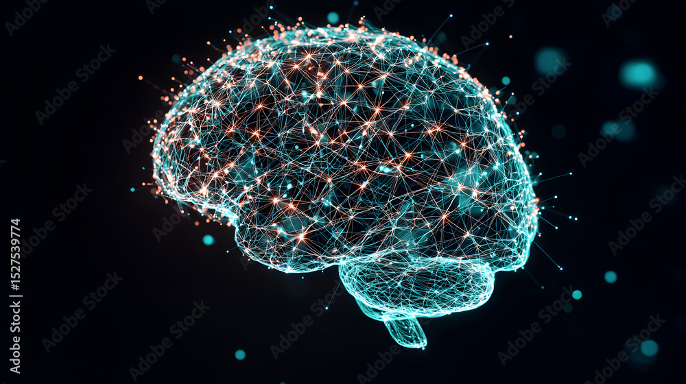 Poster a digital representation of a brain, showcasing interconnected nodes and lines, symbolizing neural n