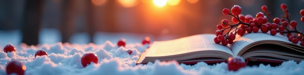 Open planner, first page visible, winter sunset glow, scattered red berries for detail , rustic, new year, notebook