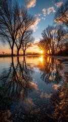 Obraz premium Stunning sunset reflects on calm waters with bare trees along the river bank during early evening hours