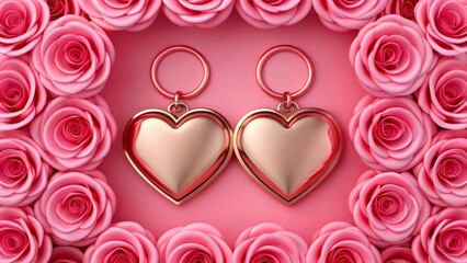 Heart-shaped earrings surrounded by pink roses create a romantic display for special occasions
