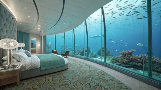 Beautiful underwater bedroom view showcasing marine life and coral reefs in a luxurious setting