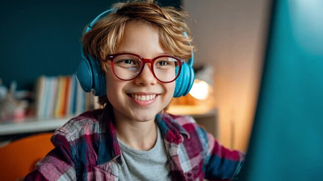 Joyful Online Learning: A young student, with glasses and headphones, radiates happiness as they engage in a virtual learning session.