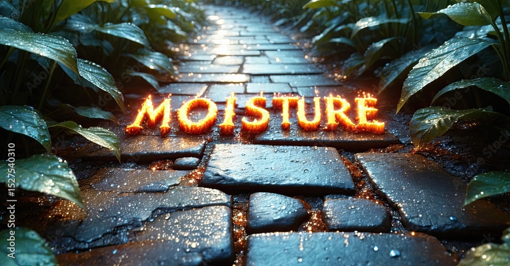 Poster wet stone pathway extends into darkness. glowing text spells moisture. lush foliage frames scene, dr