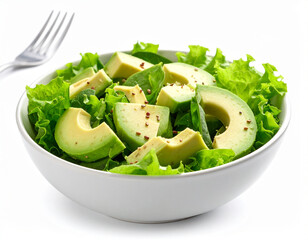 Un bol con ensalada verde de aguacate y lechuga para una dieta sana junto a un tenedor sobre una mesa blanca de cocina