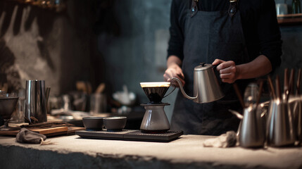 Coffee artisan brewing hand-drip blend in a cozy modern cafe with concrete walls and mellow jazz ambiance