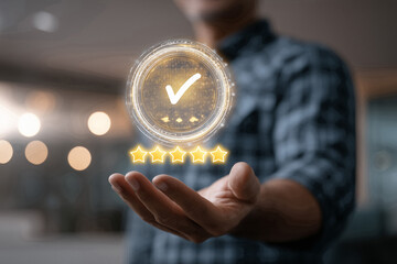 Cheerful coder showcases holographic badge with golden stars and checkmark in futuristic marketing studio setting