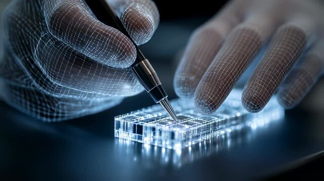 Microchip design representing engineer using stylus with digital wireframe hands interacting through transparent, glowing interface symbolizing augmented reality technology