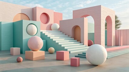 Surreal pastel 3D geometric shapes with stairs, arches, and spheres in abstract outdoor scene by the sea, minimal architecture concept