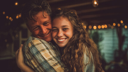 Dad hugging his teenage daughter tightly, both smiling with affection on Father's Day