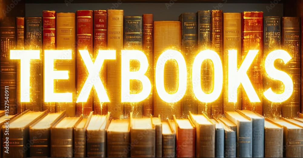 Poster bookshelves filled with numerous books. bright text textbooks illuminates stacked volumes, creating 