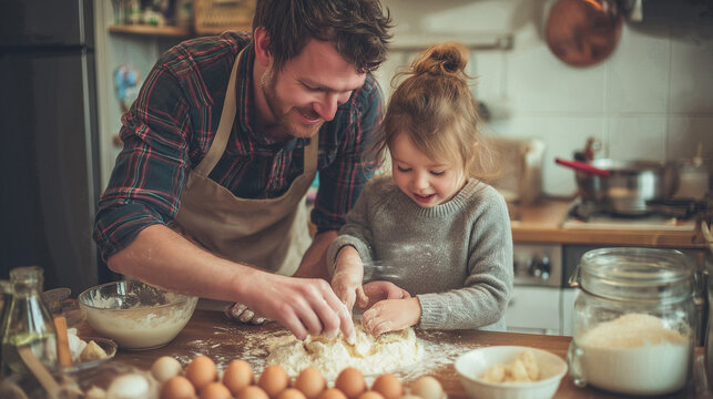 Father and daughter baking a cake together in the kitchen, joyful Father's Day celebration - Powered by Adobe