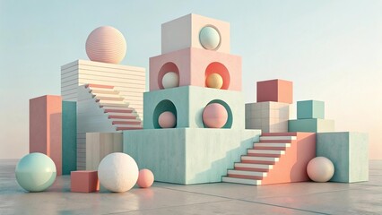 Surreal pastel 3D geometric shapes with stairs, arches, and spheres in abstract outdoor scene by the sea, minimal architecture concept