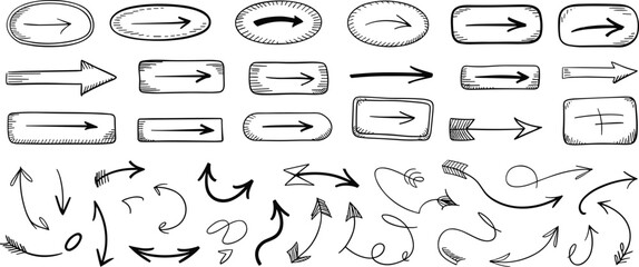 Vector hand drawn arrows collection, sketch doodle style direction symbols, curved, straight, box arrows for infographic, web, graphic design