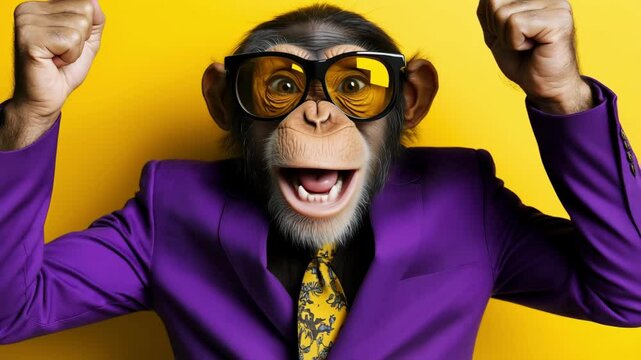 A monkey dressed in a purple suit and sunglasses joyfully expresses excitement with a vibrant yellow background
