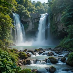 Obraz premium Grand Twin Waterfalls with Turquoise Lake - Lush Forest