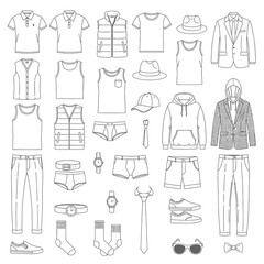 Fototapeta premium Collection of outlined men's clothing items including shirts pants and accessories on a white background