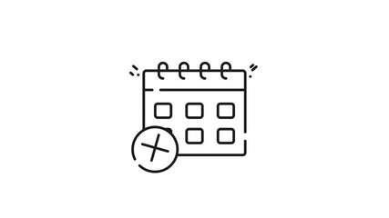 Reject date line icon animation.  Reject a date with the red x calendar icon. Suitable for rejections, cancellations, missed appointments in various digital or online content. Animated outline icon