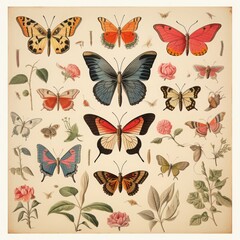 set of vintage butterfly illustrations, retro style, old book