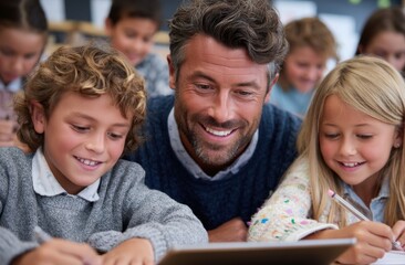 A man is sitting with two children and looking at a tablet