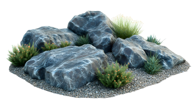 Composition of natural stones and greenery against a dark backdrop, emphasizing texture