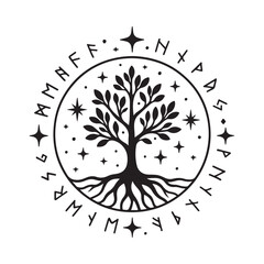 Cosmic Tree of Life with Runes – Mystical Vector Silhouette