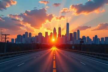 Fototapeta premium City skyline at sunset with a road leading towards the horizon.