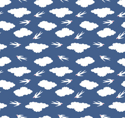 Japanese Cloud Flying Bird Vector Seamless Pattern