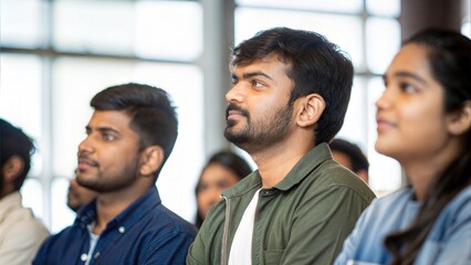 Obraz premium Group of Indian students listening attentively to inspiring speaker at leadership event 