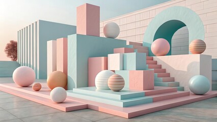 Abstract pastel 3D scene with spheres, stairs, and geometric shapes. Modern minimal architecture in soft pink and blue tones. Futuristic art concept.