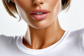 Fototapeta premium Woman displays glossy lips and flawless skin in a high-fashion style close-up. Bright lighting creates an elegant and fresh atmosphere. Concept of beauty, skincare, cosmetics
