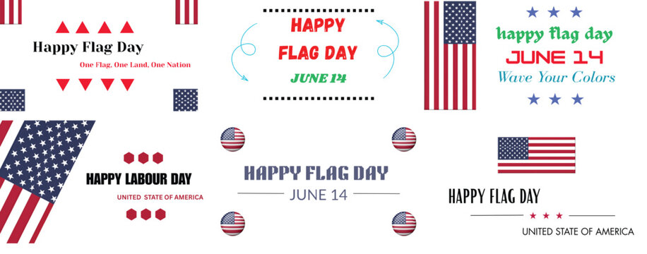 USA Flag Day Celebration Banners and Typography Set June 14 Patriotic Holiday Designs