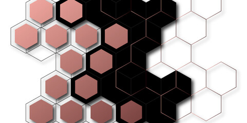 Abstract Black and Rose Gold Vector Design. Modern Geometric Hexagon Pattern with 3D Effect. Futuristic Honeycomb Grid Layout Design. Minimalist Tech Background for Web and Print Use