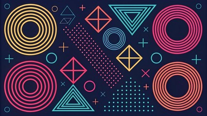 Colorful abstract geometric pattern with neon circles, triangles, and squares on dark background. Modern 80s retro style design, perfect for backgrounds or digital art.