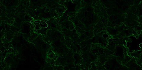 Abstract dark background composed of swirling, cloud-like textures in deep black and vibrant neon green. Electric plasma or smoke tendrils, forming glowing, intricate, organic shapes across the canvas