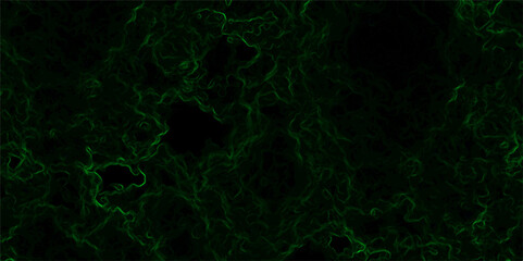 Abstract dark background composed of swirling, cloud-like textures in deep black and vibrant neon green. Electric plasma or smoke tendrils, forming glowing, intricate, organic shapes across the canvas