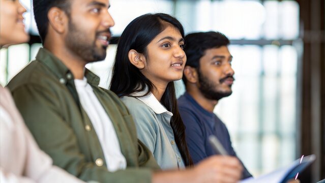 Group of Indian students taking notes during expert-led business seminar
